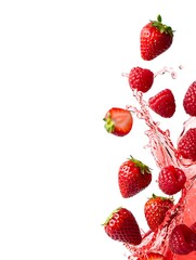 Fresh Strawberries and Raspberries Splashing in Juice with Large White Copy Space