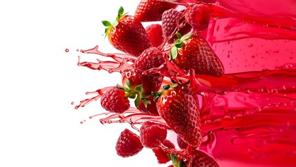 Vibrant Fruit Juice Explosion with Ripe Flying Strawberries and Raspberries in High-Speed Motion