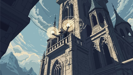 Architectural Marvels A Majestic Gothic Tower Illuminated by Radiant Orbs