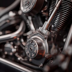Obraz premium Detailed close-up of motorcycle engine parts with polished metal surfaces, highlighting mechanical power, craftsmanship, and performance design.