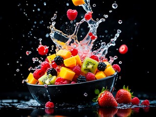 Fresh Mixed Fruit Salad Splashing in Bowl with Flying Berries and Kiwi on Black
