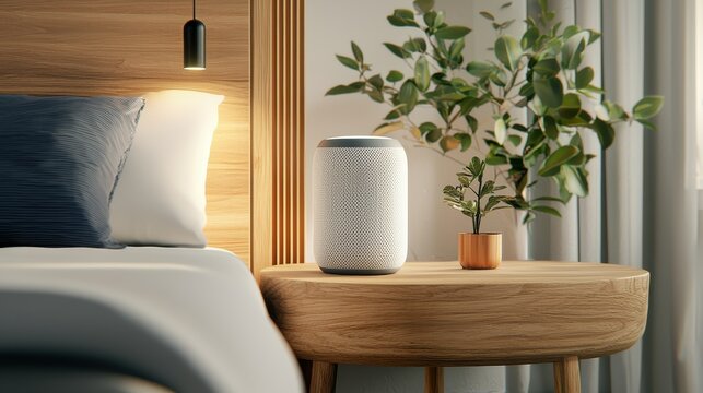 Modern Smart Speaker on Nightstand with Stylish Bedroom Decor
