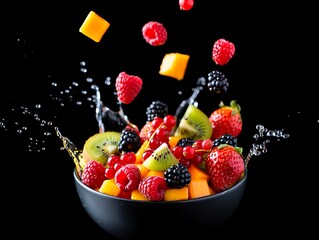 Fresh Mixed Fruit Salad Splashing in Bowl with Flying Berries and Mango on Black