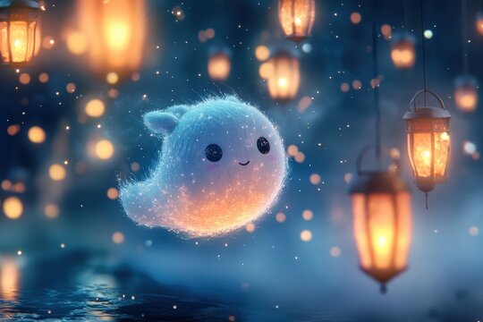 Whimsical glowing blob character among lanterns at night in a dreamy blue scene