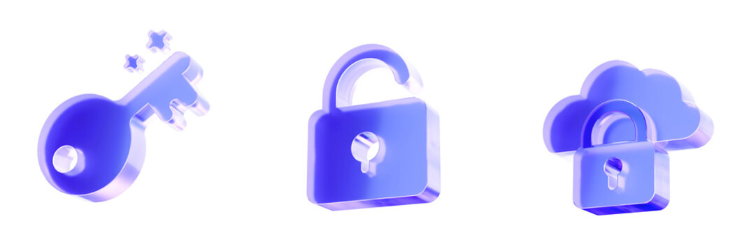 Set 3D Glass key, lock, and cloud icon isolated on transparent background, symbols for data protection, network security, and privacy access. Liquid Glass design icon. 3D rendering