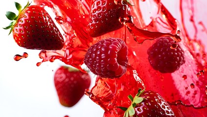 Fresh Strawberries and Raspberries Falling into Vibrant Red Fruit Juice Splash