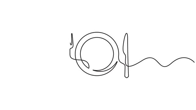 Self animated vector illustration of a plate, knife, and fork drawn in a continuous line art style.