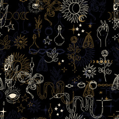 Seamless golden pattern in tattoo style on black background. Magical and esoteric symbols with an overlay effect. Vector illustration.