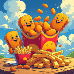 Cartoon chicken nuggets fast food restaurant meal