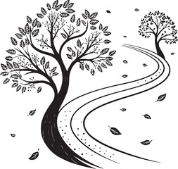 Stylized Black and White Trees and Winding Path with Falling Leaves Keywords: tree, path, road, winding, autumn, fall, leaves, falling, nature, season, black and white, silhouette, illustration