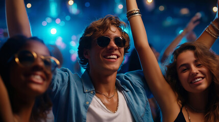 Obraz premium Energetic group of faceless teens celebrating together in joyful dance and applause, youth enthusiasm and friendship, defocused party setting, with copy space