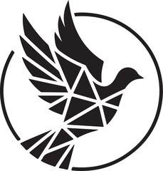 Stylized black dove with geometric wings inside a circle on a white background bird peace