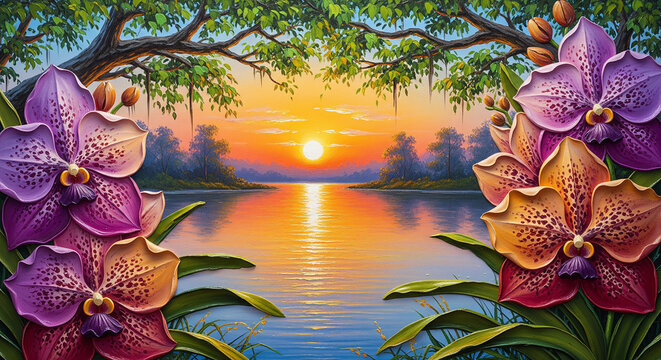 Sunset Lake Landscape with Purple Orchids 3D oil Painting relief wallpaper for mural wall art, canvas print, wall decor painting design