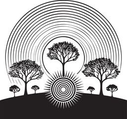 Stylized trees and sun with radiating concentric circles on a white background Keywords: trees, sun, nature, landscape, stylized, graphic, illustration, black and white, concentric circles