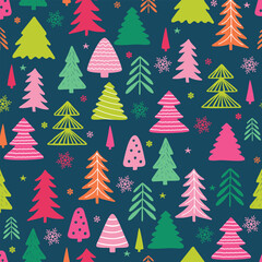 Obraz premium Colorful Christmas tree seamless pattern with hand-drawn firs, snowflakes, and stars on a dark blue background