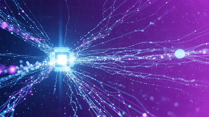 Abstract digital network spreading light from central core on purple background
