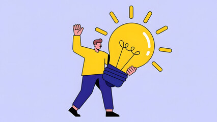 Happy businessman carrying giant glowing lightbulb to symbolize creative ideas business innovation digital transformation and professional success for modern startup growth strategy