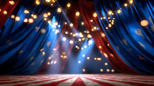 abstract background of circus stage with spotlights and smoke, empty blank stage, mysterious and dramatic mood, blue red