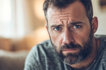 Obraz premium Male with a thoughtful expression, showcasing a rugged beard and intense gaze, seated in a cozy living room, reflecting on lifes challenges and emotions in a warm atmosphere