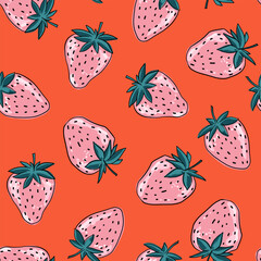 Seamless pattern with ripe strawberries on red background, hand drawn vector illustration.