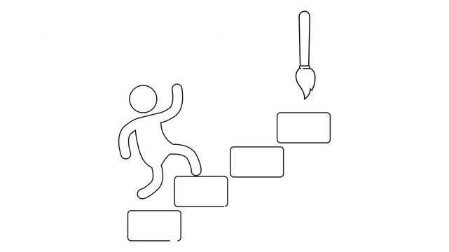 Outline drawing person climbing steps towards a paintbrush