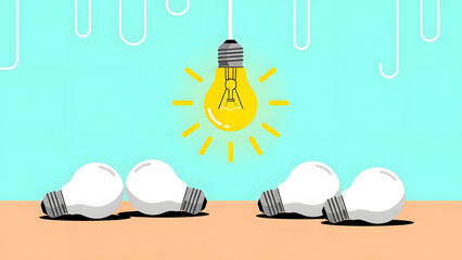 Glowing yellow lightbulb hanging above dim bulbs to represent business innovation creative ideas digital transformation and strategic solution for leadership success and growth