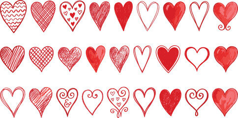 Hand drawn red heart illustration set with romantic doodle styles for love, valentine, wedding, greeting design elements isolated vector collection © Mim's World