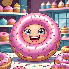Cartoon pink donut dessert character vector bakery