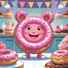 Cartoon pink donut dessert character vector bakery
