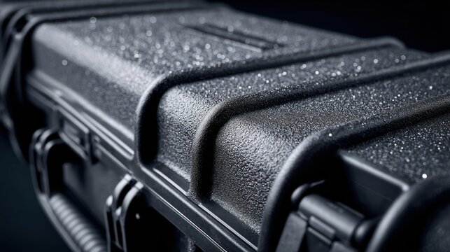 Close-up of a rugged black protective case with water droplets.