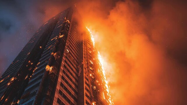 Sky-high inferno: A towering building engulfed in raging flames, a dramatic display of urban disaster and destruction under a dark sky filled with smoke and chaos.