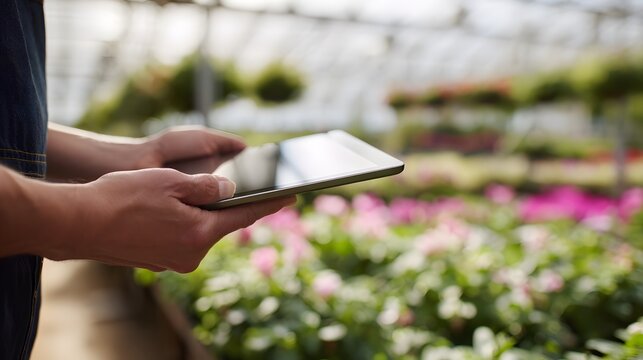 Gardener's hands monitor blooming plants using technology a modern horticultural innovation - Powered by Adobe