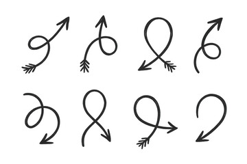 Black hand-drawn doodle arrows with various spiral and loop shapes, pointing in different directions. Transparent background
