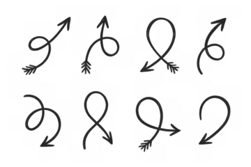 Black hand-drawn doodle arrows with various spiral and loop shapes, pointing in different directions. Transparent background
