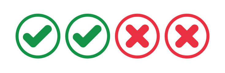 Check mark icon button set, check box icon with right and wrong buttons, yes or no checkmark icons in green tick box and red cross, approved and rejected symbols, choice selection buttons,  © WelcomeJune