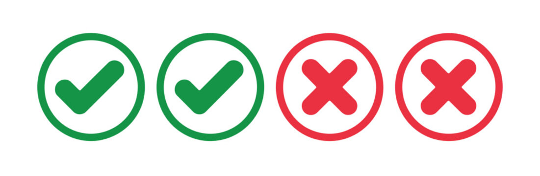 Check mark icon button set, check box icon with right and wrong buttons, yes or no checkmark icons in green tick box and red cross, approved and rejected symbols, choice selection buttons, 