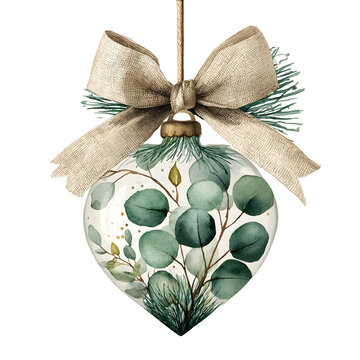 neutral watercolor green glass heart ornament beige linen bow pine needles and eucalyptus leaves soft botanical Christmas clipart transparent background