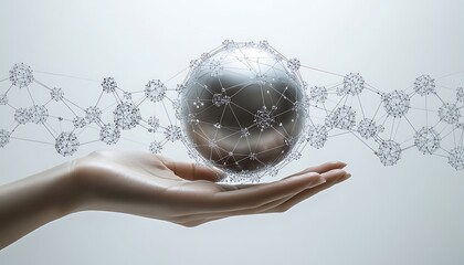 Human hand holding metallic sphere connected by network of nodes globe