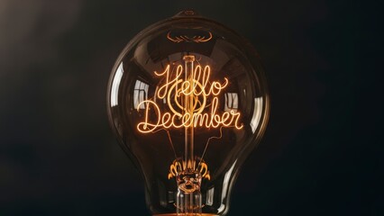 Vintage Edison Light Bulb Illuminates Hello December Message.
