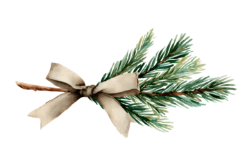 handpainted watercolor pine branch tied with a soft beige linen ribbon delicate brush details watercolor paper texture visible only within color isolated on transpa
