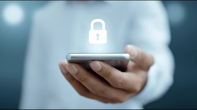 A person is holding a cell phone with a lock icon on it. Concept of security and protection, as the lock symbolizes the phone's ability to keep information safe from unauthorized access