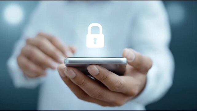 A person is holding a cell phone with a lock icon on it. Concept of security and protection, as the lock symbolizes the phone's ability to keep information safe from unauthorized access