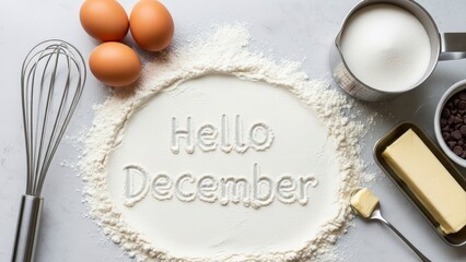 Hello December Baking Ingredients and Whisk Arranged on a Table.