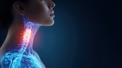 Obraz premium Woman with a glowing thyroid gland visualization highlights neck anatomy and thyroid health awareness. 