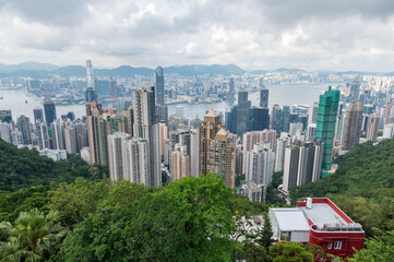 View of Hong Kong and Kowloon from Victoria peak. Panorama of Hong Kong, skyscrapers and nature.