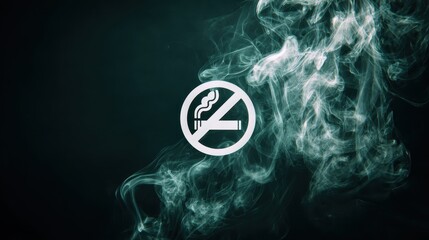 No smoking sign with a cigarette icon surrounded by white smoke on a dark green background, conveying a clear health warning and prohibition message.
