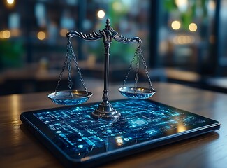 Metal Scales of Justice Resting on Tablet Displaying Blue Digital Data legal technology