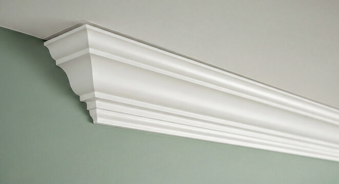 White Decorative Crown Molding on Sage Green Wall
A crisp view of elegant white plaster crown molding installed at the junction of a white ceiling