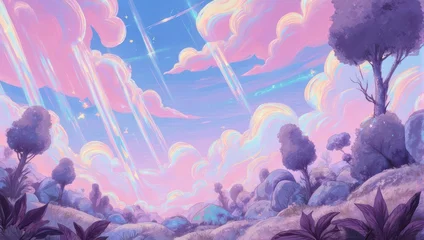 Poster Purper Dreamy landscape with soft pink and blue clouds, a serene vista with stylized trees and foliage  © endang