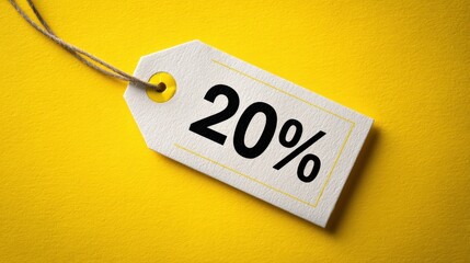 Bold yellow discount tag highlights a 20 percent offer with a clean and eye catching promotional design.
